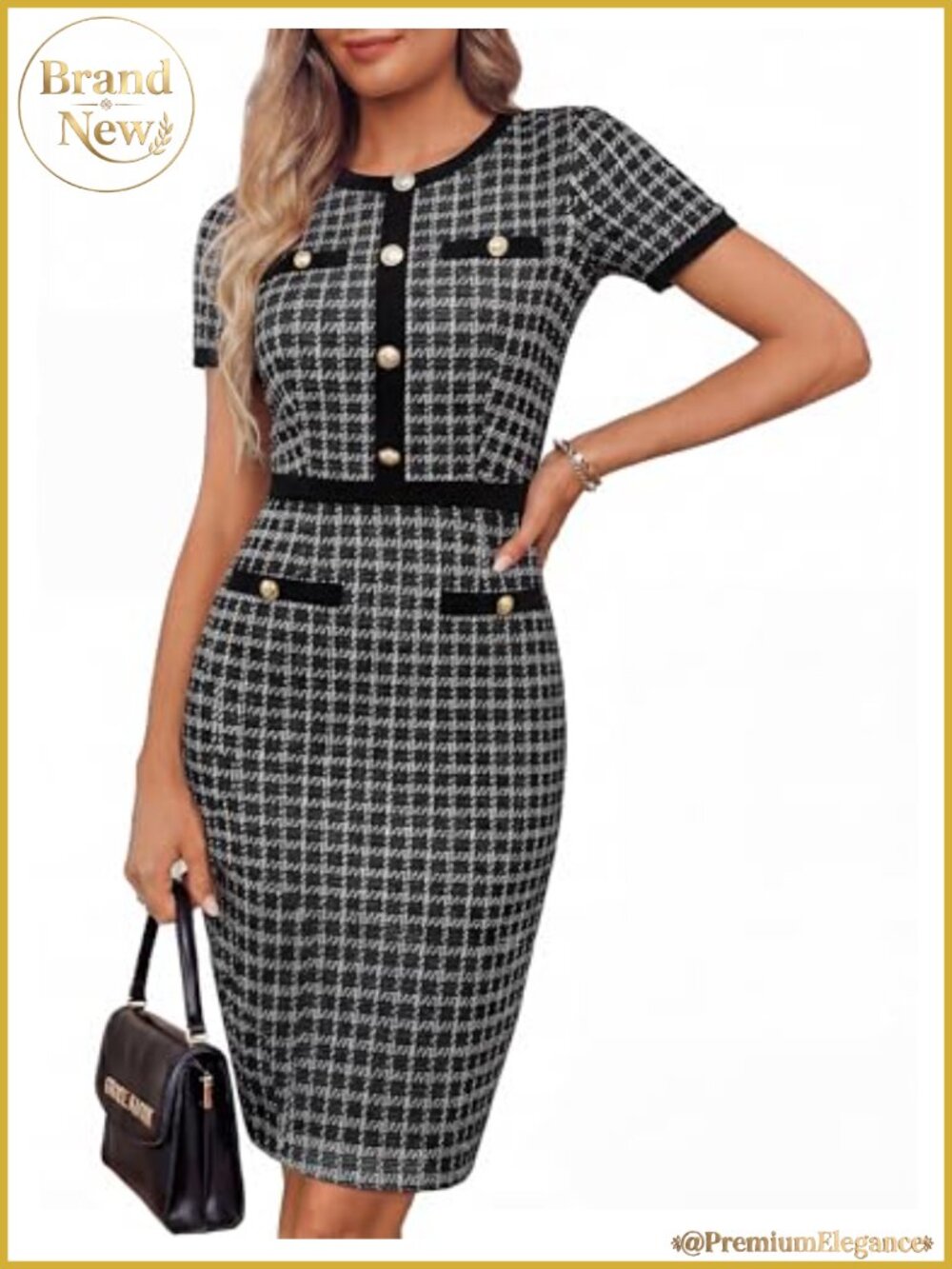 GRACE KARIN Short Sleeve Bodycon Tweed Dress Work Business